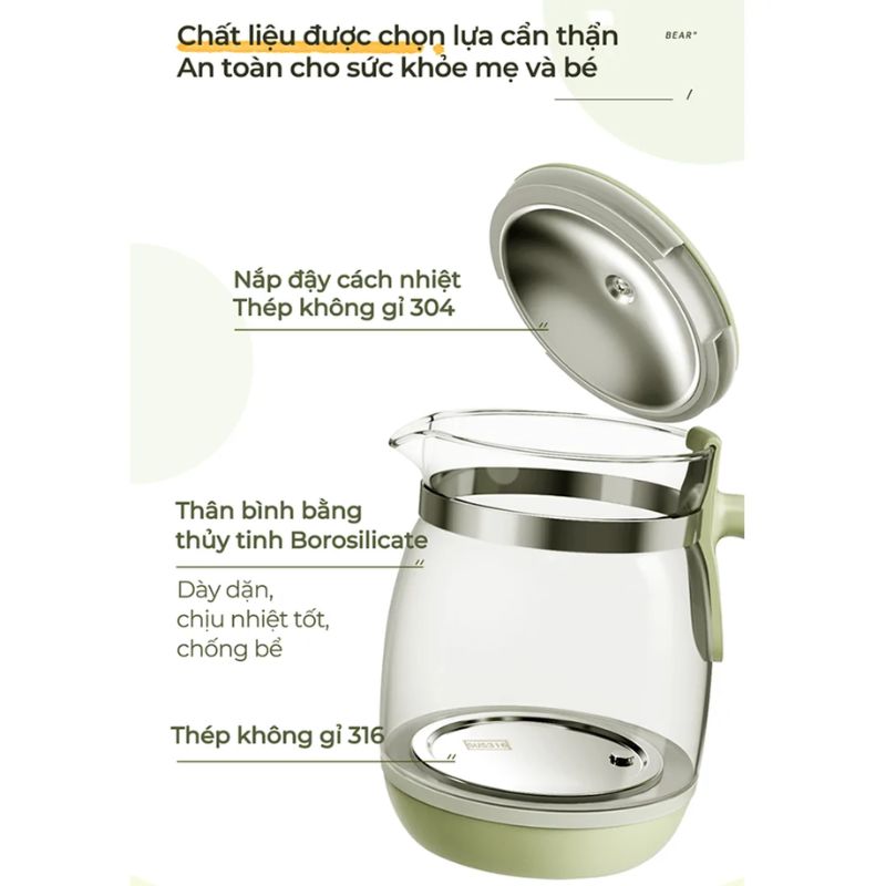 Bình đun Và Hâm Nước Pha Sữa Bear TNQ-D12W7 5 Chất Liệu Bình đun Và Hâm Nước Pha Sữa Bear TNQ-D12W7