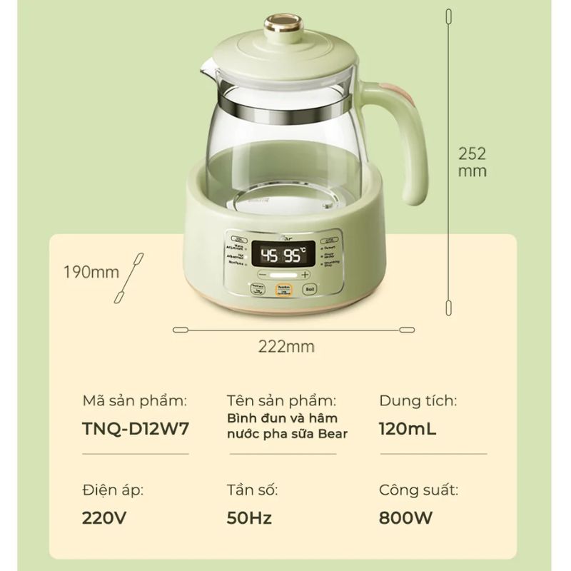 Bình đun Và Hâm Nước Pha Sữa Bear TNQ-D12W7 6 Kích Thước Bình đun Và Hâm Nước Pha Sữa Bear TNQ-D12W7