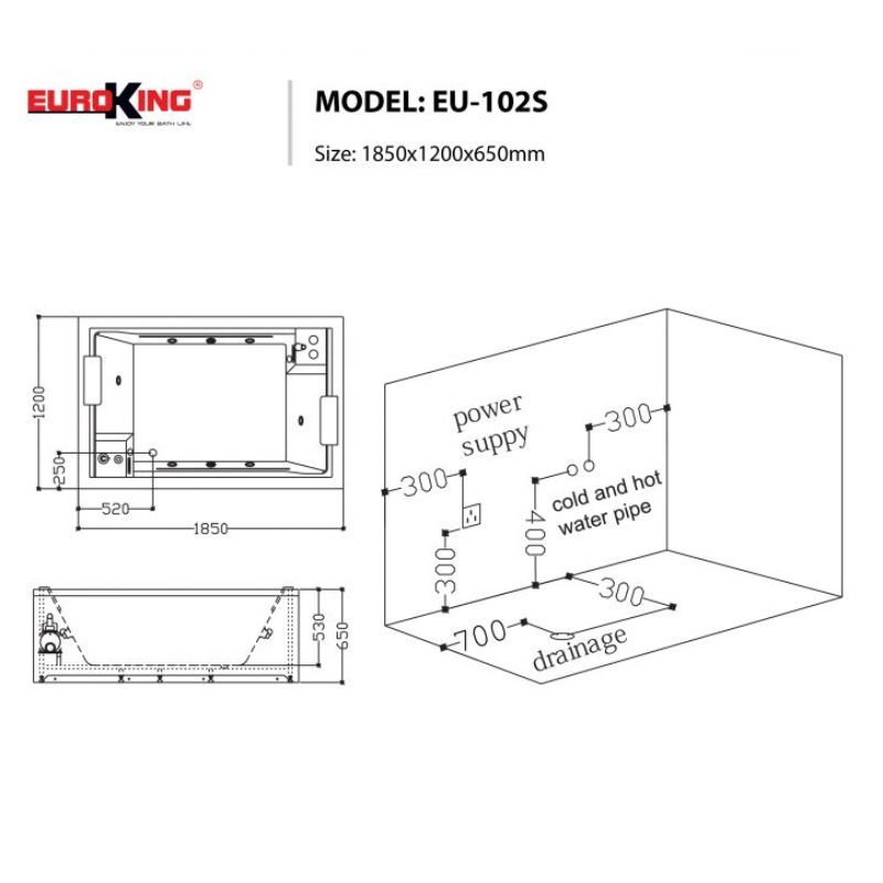 Bồn tắm Euroking EU-102S 2 skirts 6 Kích thước bồn tắm Euroking EU-102S 2 skirts