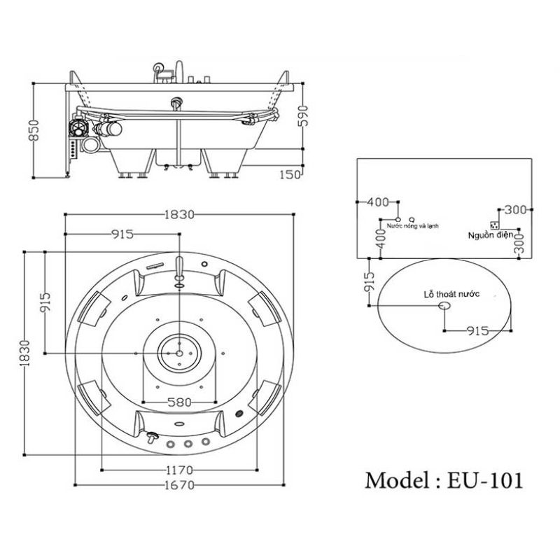 Bồn tắm massage EuroKing EU-101 4 Kích thước bồn tắm massage EuroKing EU-101