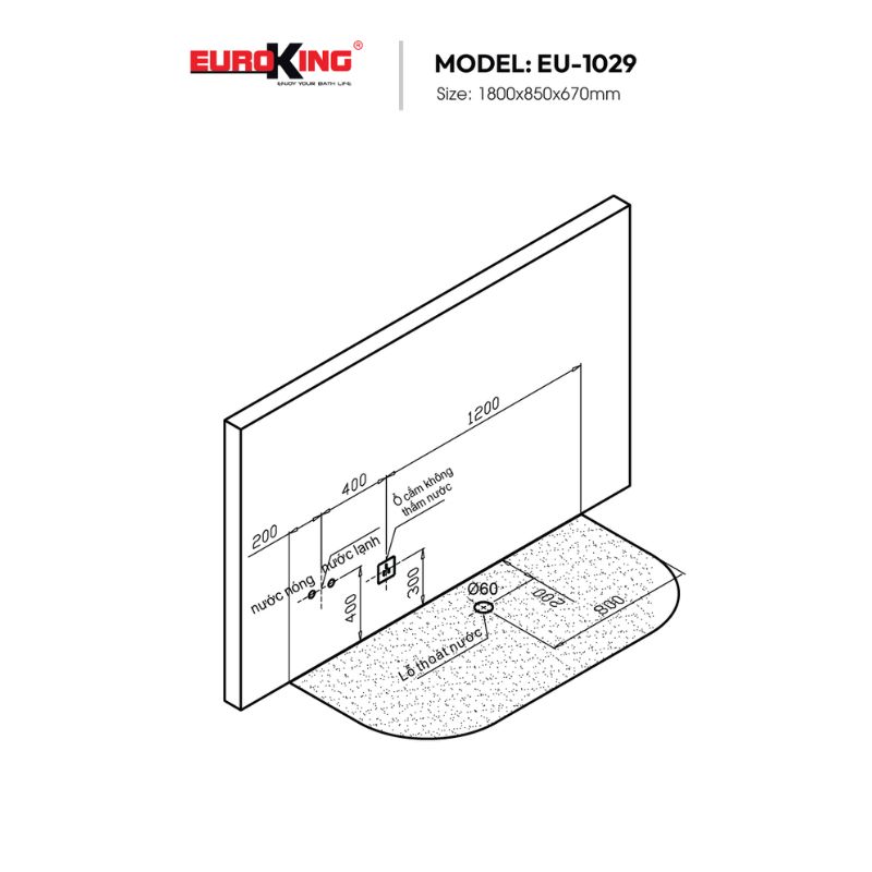 Bồn tắm massage Euroking EU-1029 5 Kích thước bồn tắm massage Euroking EU-1029