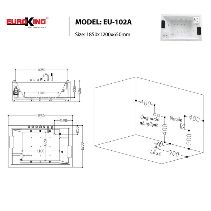 Bồn tắm massage EuroKing EU-102A 4 Kích thước bồn tắm massage EuroKing EU-102A