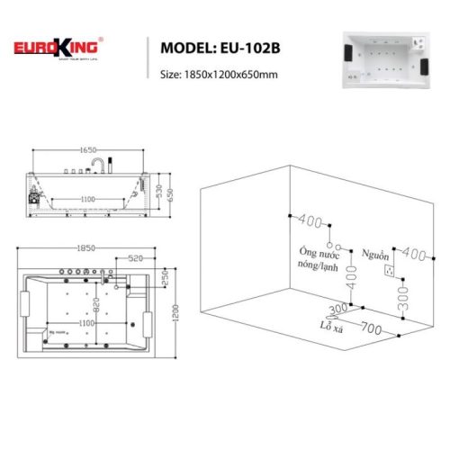 Bồn tắm massage EuroKing EU-102B 5 Kích thước bồn tắm massage EuroKing EU-102B