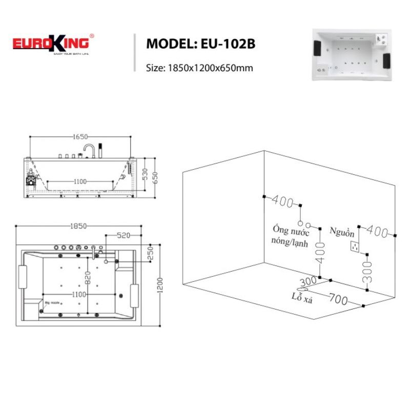 Bồn tắm massage EuroKing EU-102B 4 Kích thước bồn tắm massage EuroKing EU-102B
