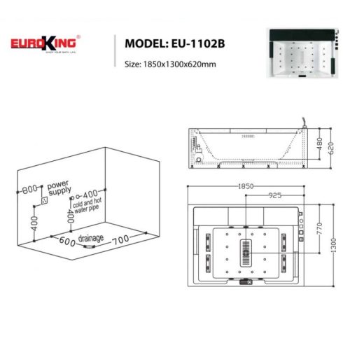 Bồn tắm massage EuroKing EU-1102B 9 Kích thước bồn tắm massage EuroKing EU-1102B
