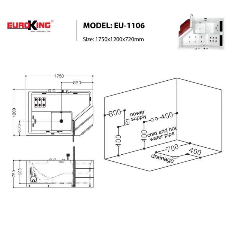 Bồn tắm massage Euroking EU-1106 4 Kích thước bồn tắm massage Euroking EU-1106