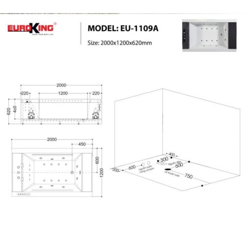 Bồn tắm massage EuroKing EU-1109A 7 Kích thước bồn tắm massage EuroKing EU-1109A