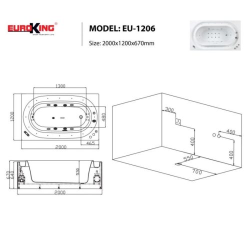 Bồn tắm massage Euroking EU-1206 9 Kích thước bồn tắm massage Euroking EU-1206