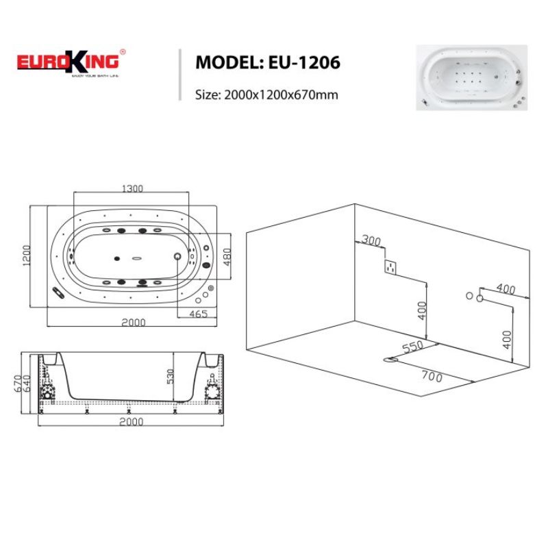 Bồn tắm massage Euroking EU-1206 6 Kích thước bồn tắm massage Euroking EU-1206