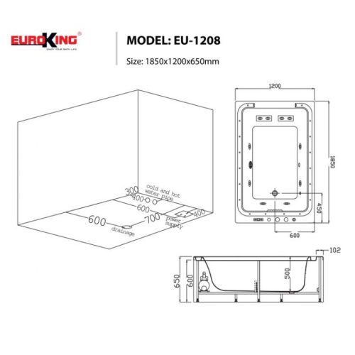 Bồn tắm massage Euroking EU-1208 7 Kích thước bồn tắm massage Euroking EU-1208