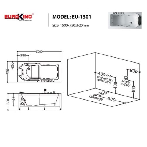 Bồn tắm massage Euroking EU-1301 7 Kích thước bồn tắm massage Euroking EU-1301
