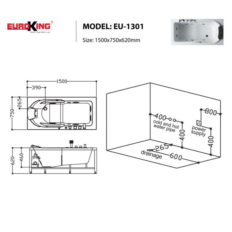 Bồn tắm massage Euroking EU-1301 5 Kích thước bồn tắm massage Euroking EU-1301