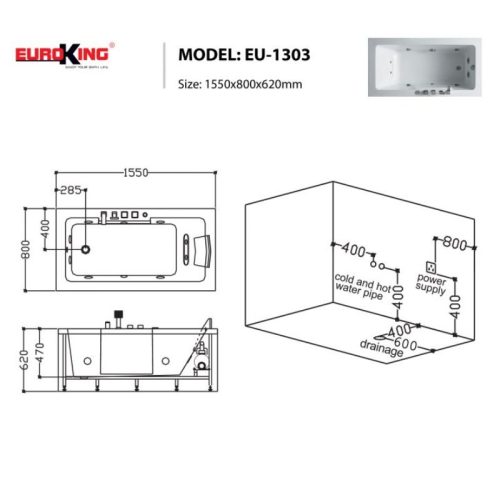 Bồn tắm massage Euroking EU-1303 7 Kích thước bồn tắm massage Euroking EU-1303
