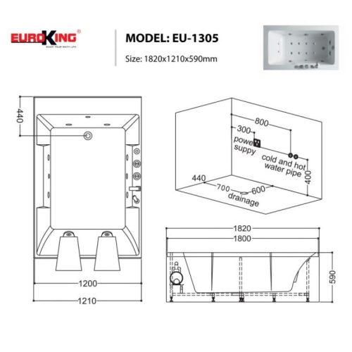 Bồn tắm massage Euroking EU-1305 7 Kích thước bồn tắm massage Euroking EU-1305