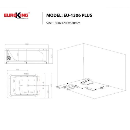 Bồn tắm massage EuroKing EU-1306 Plus 7 Kích thước bồn tắm massage EuroKing EU-1306 Plus