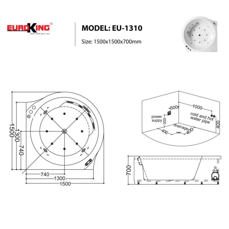 Bồn tắm massage EuroKing EU-1310 6 Kích thước bồn tắm massage EuroKing EU-1310