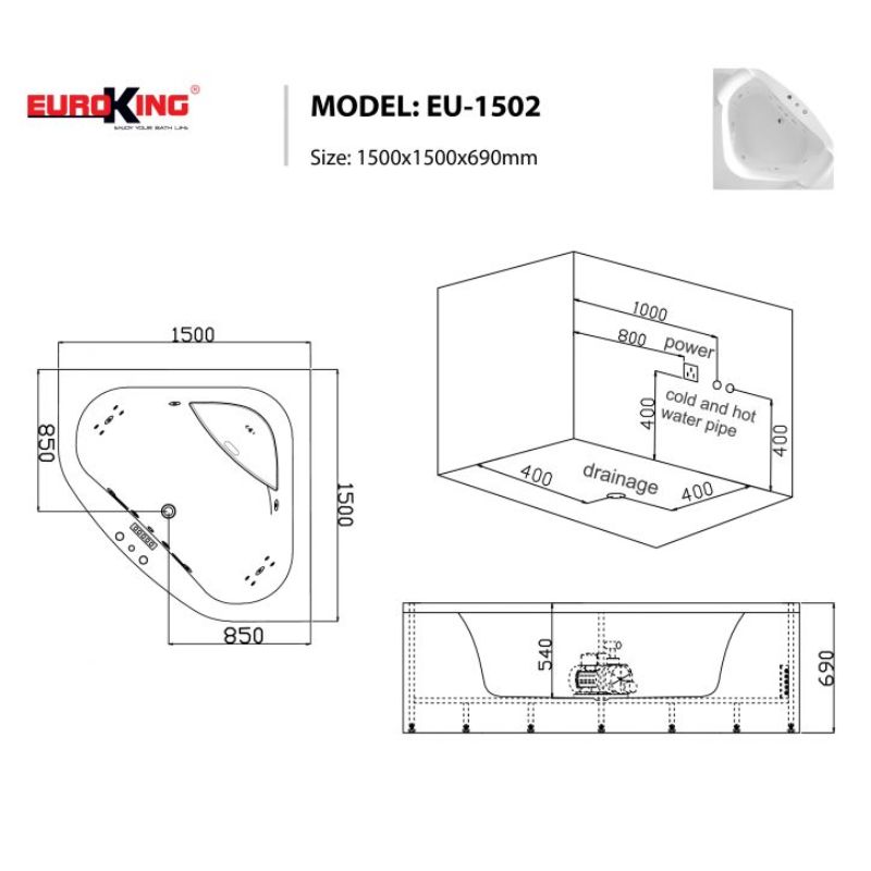 Bồn tắm massage EuroKing EU-1502 6 Kích thước bồn tắm massage EuroKing EU-1502