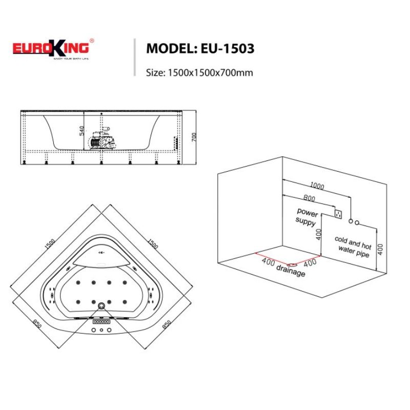 Bồn tắm massage EuroKing EU-1503 6 Kích thước bồn tắm massage EuroKing EU-1503