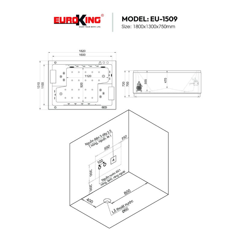 Bồn tắm massage Euroking EU-1509 6 Kích thước bồn tắm massage Euroking EU-1509