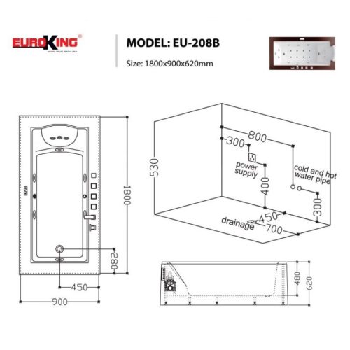 Bồn tắm massage EuroKing EU-208B 9 Kích thước bồn tắm massage EuroKing EU-208B
