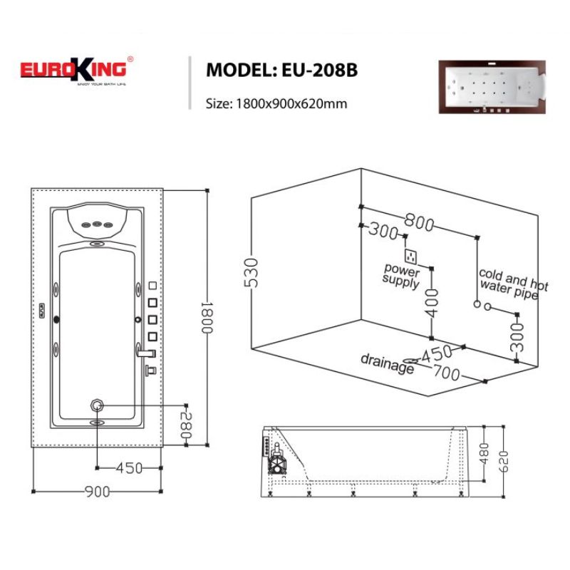 Bồn tắm massage EuroKing EU-208B 6 Kích thước bồn tắm massage EuroKing EU-208B