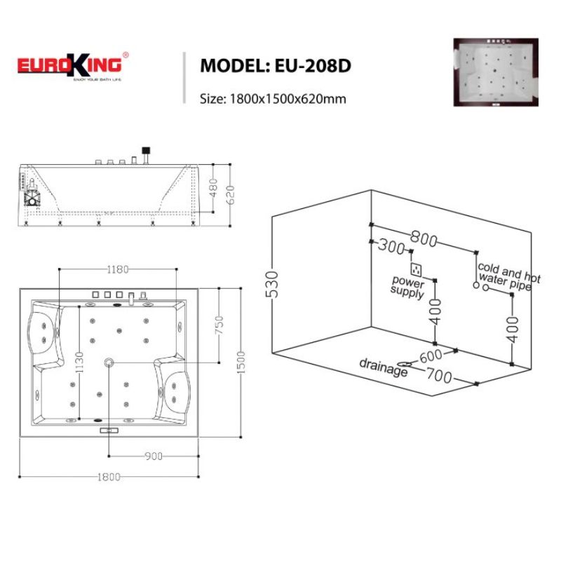 Bồn tắm massage Euroking EU-208D 4 Kích thước bồn tắm massage Euroking EU-208D