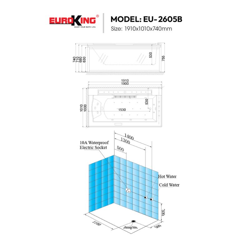 Bồn tắm massage Euroking EU-2605 5 Kích thước bồn tắm massage Euroking EU-2605