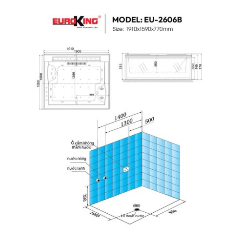 Bồn tắm massage Euroking EU-2606 7 Kích thước bồn tắm massage Euroking EU-2606