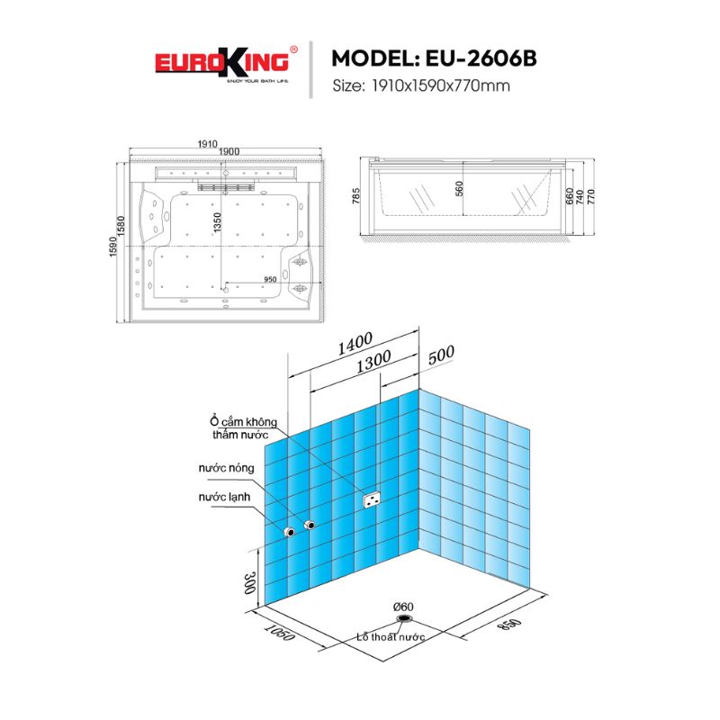 Bồn tắm massage Euroking EU-2606 5 Kích thước bồn tắm massage Euroking EU-2606