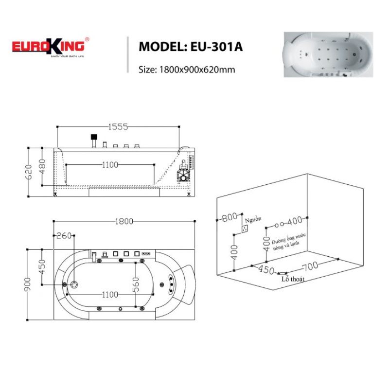 Bồn tắm massage EuroKing EU-301A 5 Kích thước bồn tắm massage EuroKing EU-301A