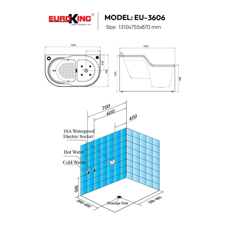 Bồn tắm massage Euroking EU-3606 5 Kích thước bồn tắm massage Euroking EU-3606