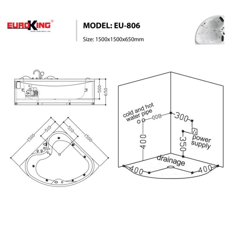 Bồn tắm massage Euroking EU-806 5 Kích thước bồn tắm massage Euroking EU-806