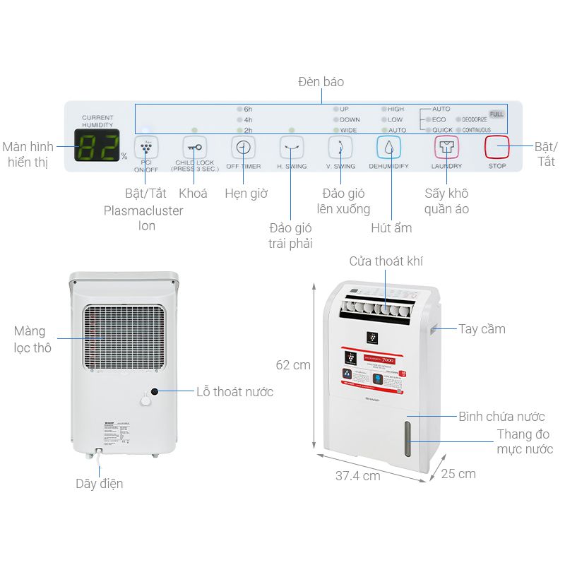 Máy hút ẩm Sharp DW-D20A-W 4 Kích thước máy hút ẩm Sharp DW-D20A-W