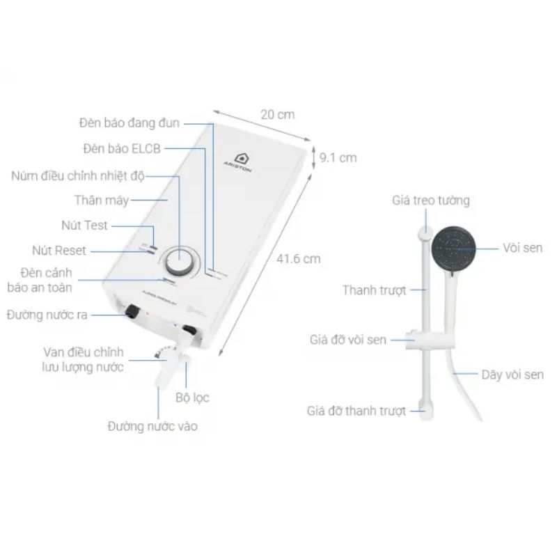 Máy nước nóng Ariston Aures Premium 4.5 6 Kích thước máy nước nóng Ariston Aures Premium 4.5