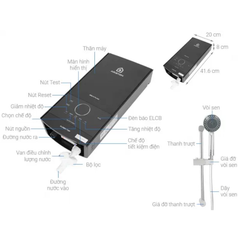 Máy nước nóng Ariston AURES TOP 4.5P 6 Kích thước máy nước nóng Ariston AURES TOP 4.5P