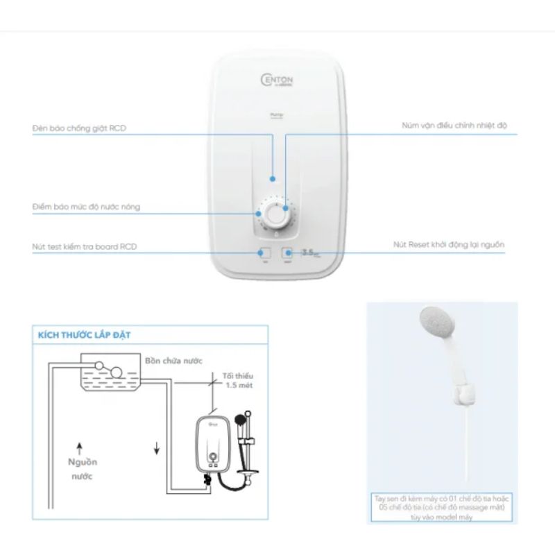 Máy nước nóng Centon By Atlantic PrestoLite EIWH P M-N1 6 Kích thước máy nước nóng Centon By Atlantic PrestoLite EIWH P M-N1