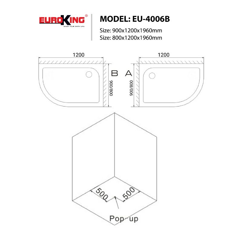 Phòng tắm vách kính EuroKing EU-4006B 900mm 5 Kích thước phòng tắm vách kính EuroKing EU-4006B 900mm