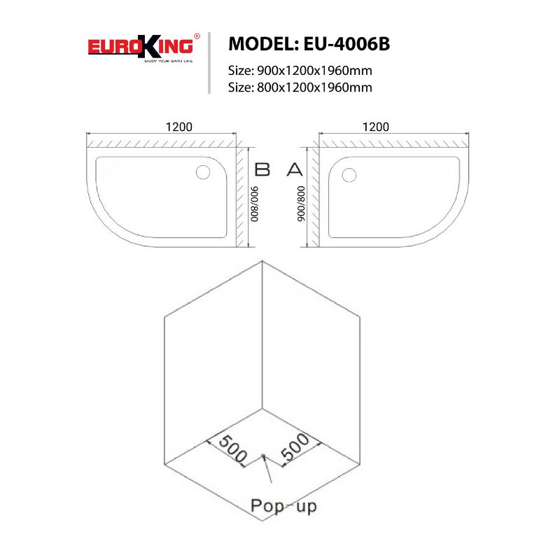 Phòng tắm vách kính Euroking EU-4006B 5 Kích thước phòng tắm vách kính Euroking EU-4006B