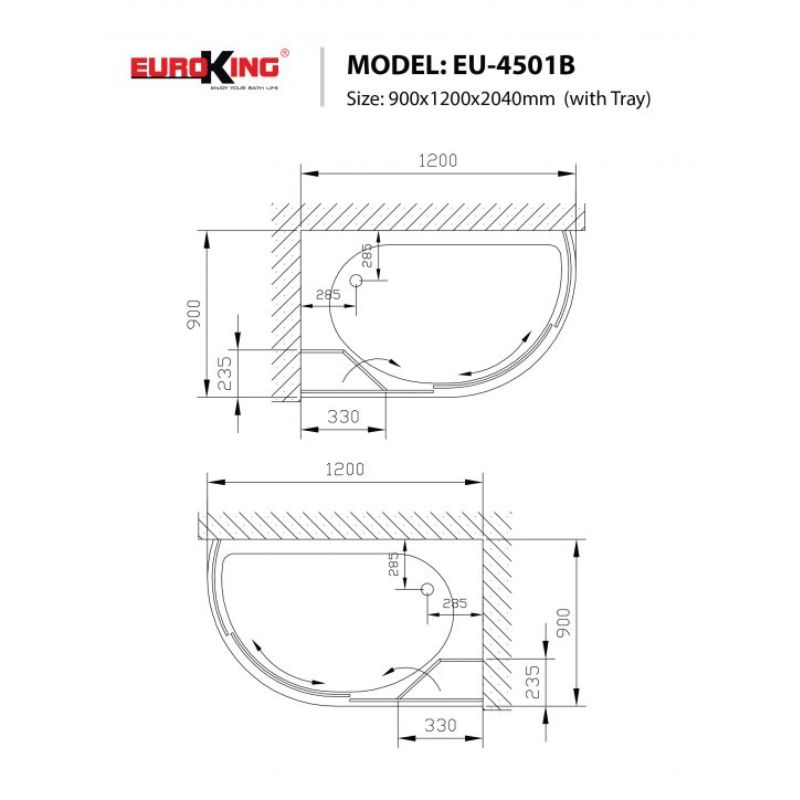 Phòng tắm vách kính EuroKing EU-4501B 4 Kích thước phòng tắm vách kính EuroKing EU-4501B