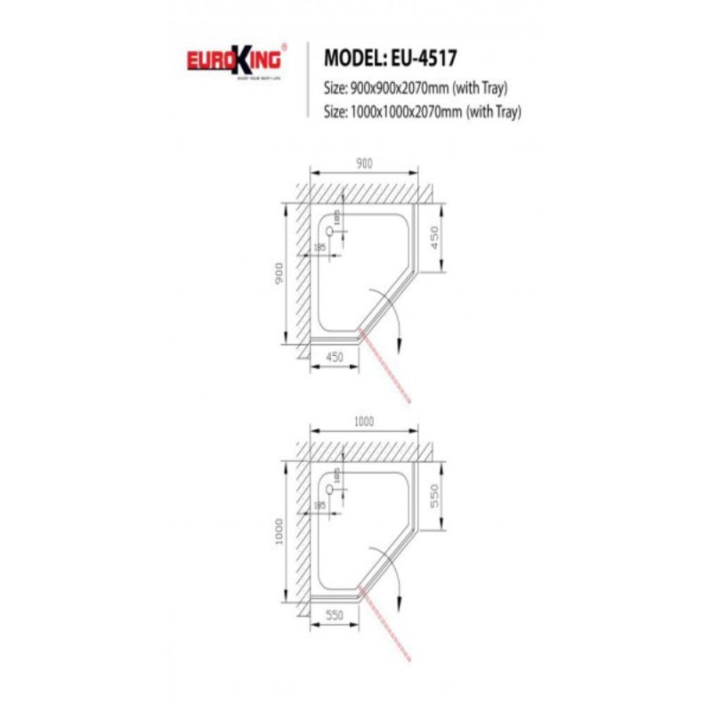 Phòng tắm vách kính EuroKing EU-4517 1000mm 4 Kích thước phòng tắm vách kính EuroKing EU-4517 1000mm
