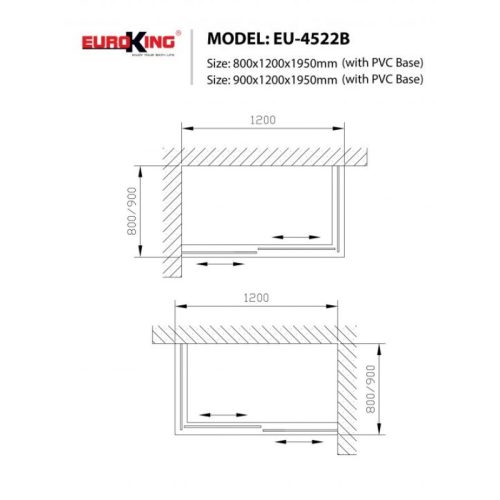 Kích thước phòng tắm vách kính EuroKing EU-4522B 900mm