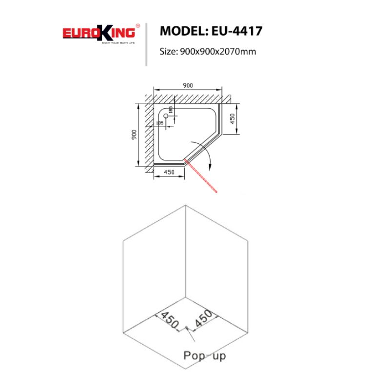 Phòng tắm vách kính EuroKing EU-4528 900mm 4 Kích thước phòng tắm vách kính EuroKing EU-4528 900mm