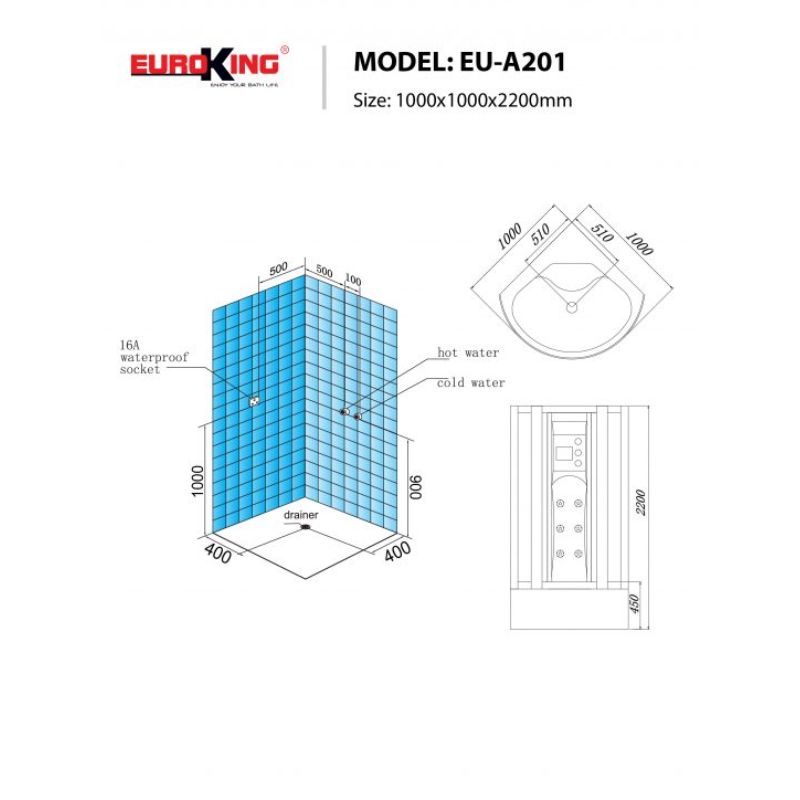 Phòng xông hơi Euroking EU-A201 White 5 Kích thước phòng xông hơi Euroking EU-A201 White