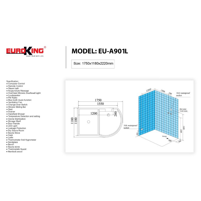 Phòng xông hơi Euroking EU-A901L Black 6 Kích thước phòng xông hơi Euroking EU-A901L Black