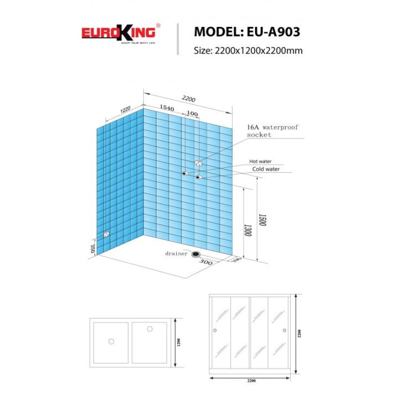 Phòng xông hơi Euroking EU-A903R White 5 Kích thước phòng xông hơi Euroking EU-A903R White