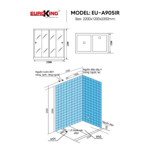Phòng xông hơi Euroking EU-A905IR 5 Kích thước phòng xông hơi Euroking EU-A905IR