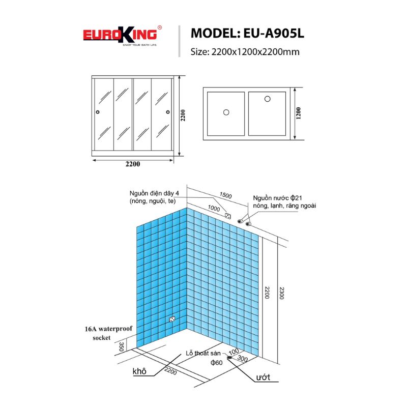 Phòng xông hơi Euroking EU-A905L 4 Kích thước phòng xông hơi Euroking EU-A905L