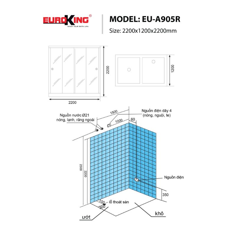 Phòng xông hơi Euroking EU-A905R 4 Kích thước phòng xông hơi Euroking EU-A905R