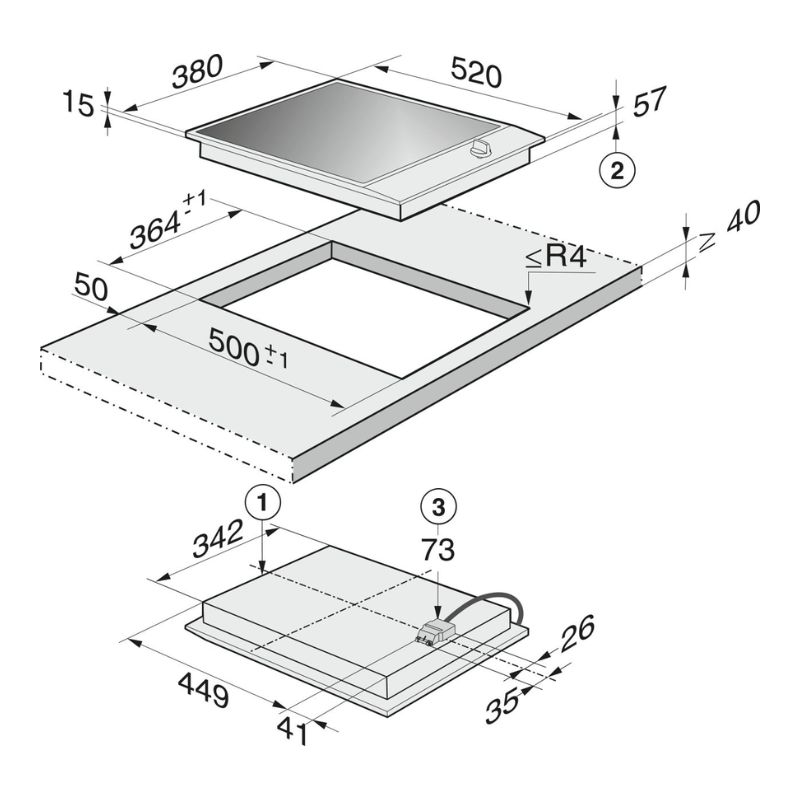 Bếp điện Domino Miele 2 vùng nấu CS 1222 I lắp âm 4 Kích thước bếp điện Domino Miele 2 vùng nấu CS 1222 I lắp âm