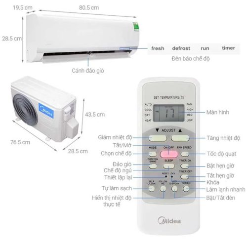 Kích thước điều hòa 1 chiều Midea MSAFII-24CRN8
